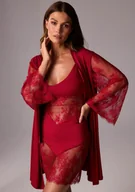 Szlafroki damskie - Peniuar z bambusowej dzianiny i francuskiej koronki - Merlot - POUPEE - miniaturka - grafika 1