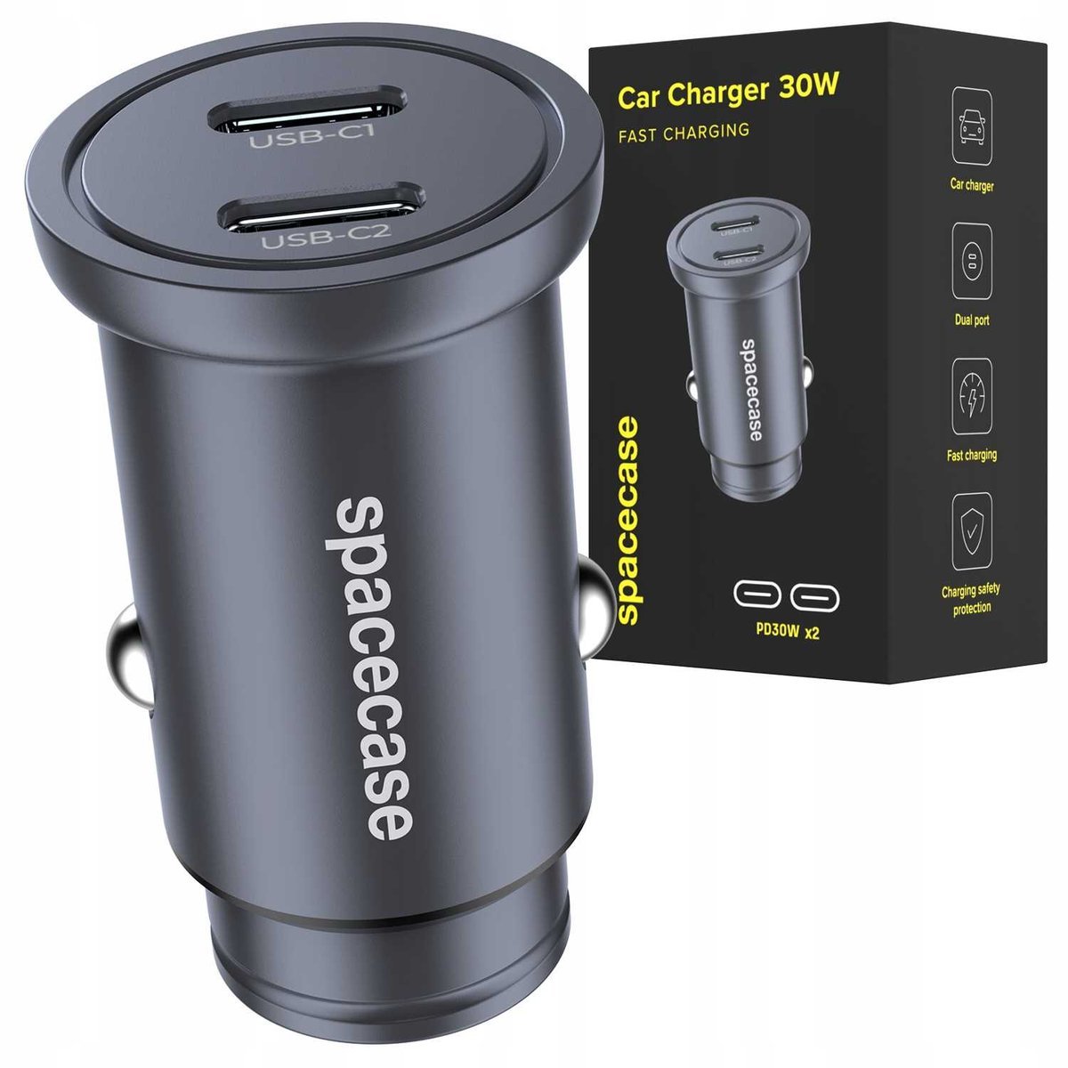 SZYBKA ŁADOWARKA SAMOCHODOWA MINI 2X USB-C TYPU C PD PPS ALUMINIOWA 30W