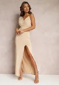 Sukienki - Beżowa Asymetryczna Sukienka z Gumką w Pasie i Łańcuszkiem Przy Ramieniu Jisse - miniaturka - grafika 1