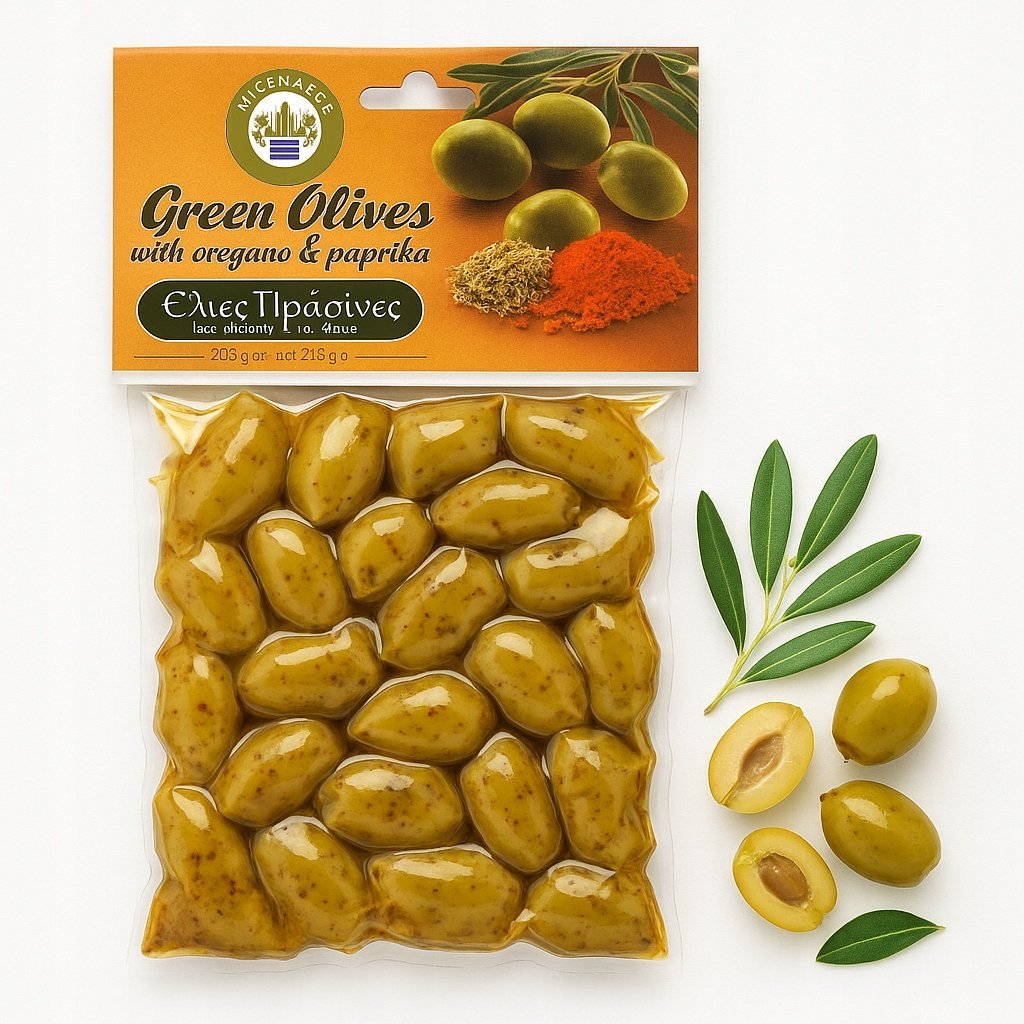 Greckie Oliwki Zielone Mycenaean z oregano i papryką 200 g