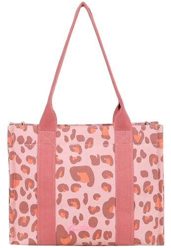 Fritzi Tote Shopper Medium Leo Canvas damska torebka na zakupy, festiwal, miasto, wegańska, nadruk w panterkę, zamek błyskawiczny, 26 x 33 x 14 cm – różowa, zielona, beżowa, Rosa