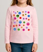 Koszulki dla dziewczynek - Różowa koszulka z długim rękawkiem na Dzień Kropki dla dziewczynki wzór kolorowe kropki z uśmieszkami - miniaturka - grafika 1