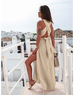 Muślinowa sukienka wiązana na wiele sposobów ALEXIA - beżowa - Sukienki - miniaturka - grafika 1