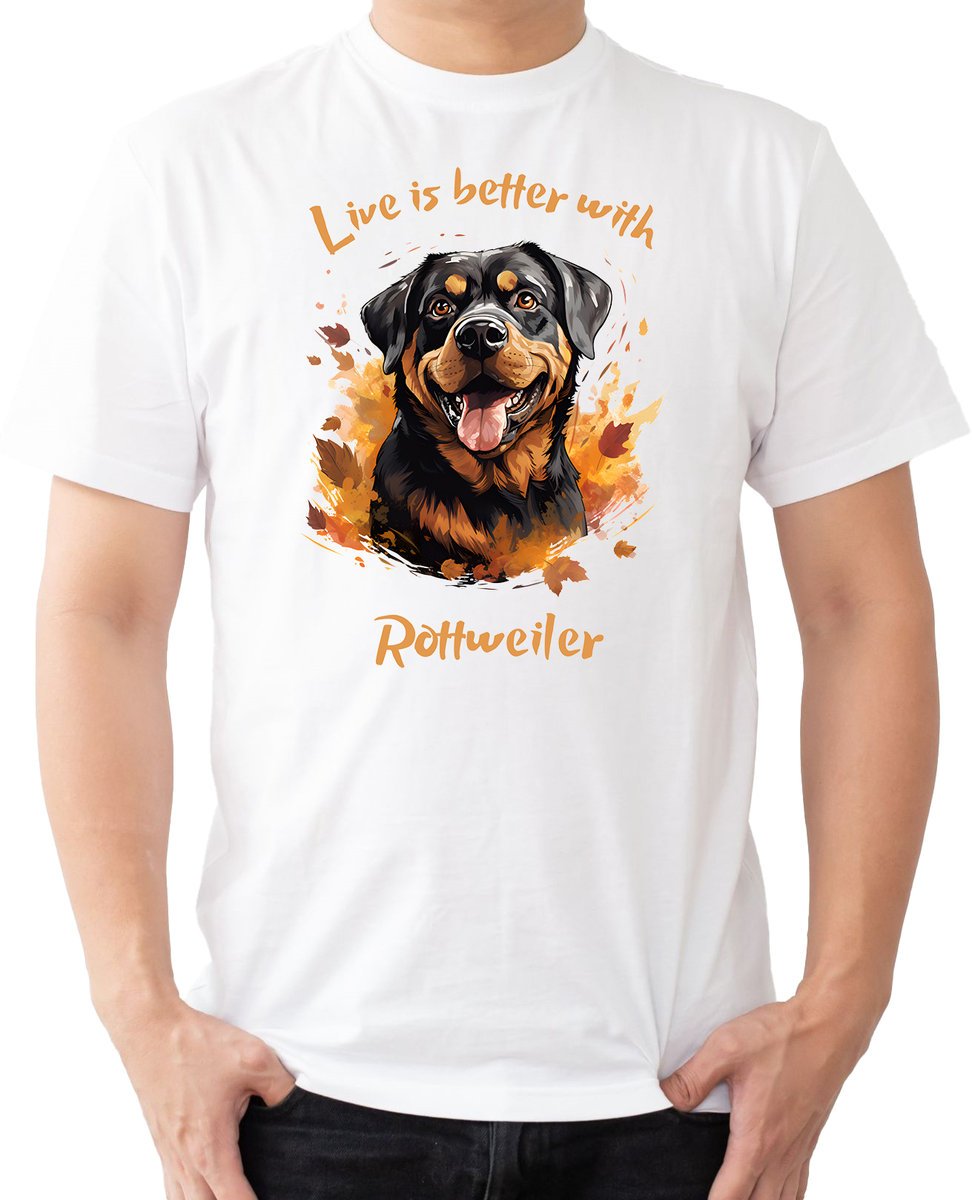 T-Shirt Męski Z Psami Rottweiler Na Prezent Koszulka Biała R-L A146
