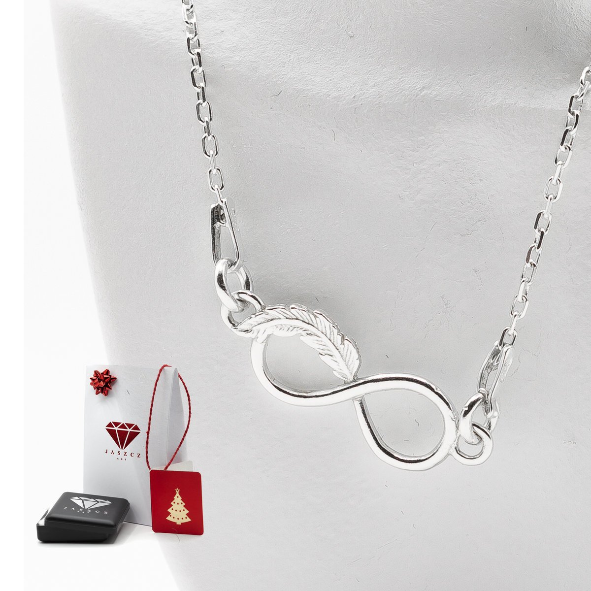 Naszyjnik Damski Znak Nieskończoności z Piórkiem, Srebro p.925 , Prezent Handmade