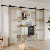 Drzwi wewnętrzne - Drzwi przesuwne podwójne naścienne z drewna i szkła hartowanego - 3 okna - 2 x wys. 205 x szer. 93 cm - ACOSTA II - miniaturka - grafika 1