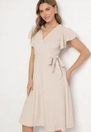 Sukienki - Beżowa Rozkloszowana Sukienka Kopertowa z Wiązaniem w Talii Dannila - miniaturka - grafika 1