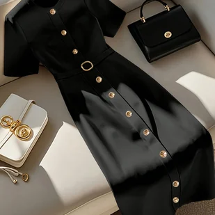 TEMU AA1 Elegancka Sukienka Midi z Paskiem dla Kobiet – Okrągły Dekolt, Krótki Rękaw ze Złotymi Guzikami, Dopasowany Pas, Czarno-Złote Akcenty, Do - Sukienki - miniaturka - grafika 1