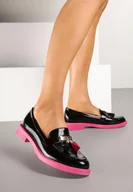 Mokasyny damskie - Czarno-Fuksjowe Lakierowane Mokasyny ze Skórzaną Wkładką i Frędzlami Tidanielis - miniaturka - grafika 1