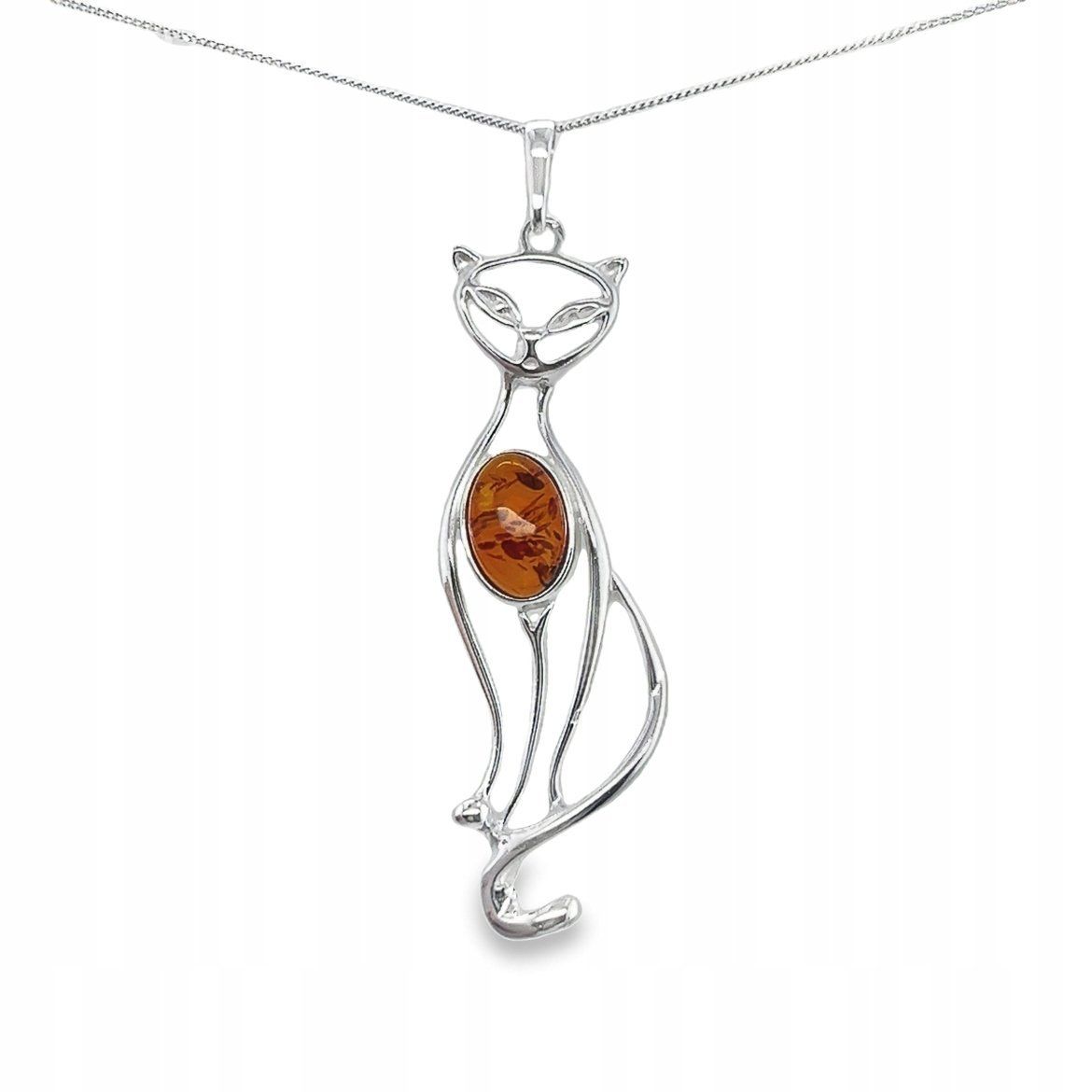 Wisiorek srebrny z bursztynem KOT + ORYGINALNA ZAWIESZKA ze srebra