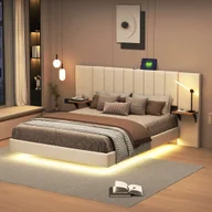 Pościel - Łóżko tapicerowane Flieks 140x200cm z USB i LED, łóżko podwójne z półkami, łóżko drewniane młodzieżowe klasyczne łóżko drewniane z listwami, pościel rodzinna beżowa - miniaturka - grafika 1