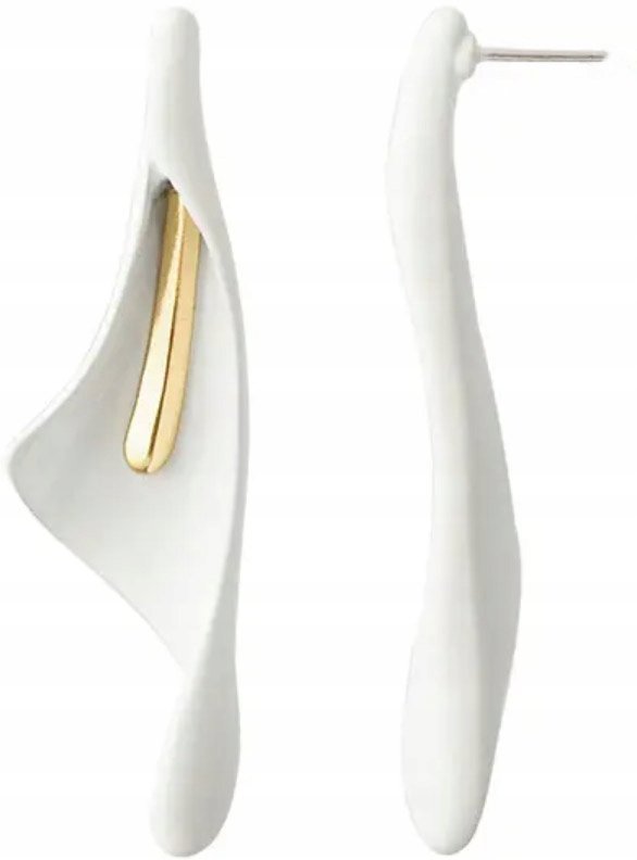 Białe Kolczyki Kwiaty ze Złotą Kroplą Stylowe Eleganckie Sztyft Pozłacane