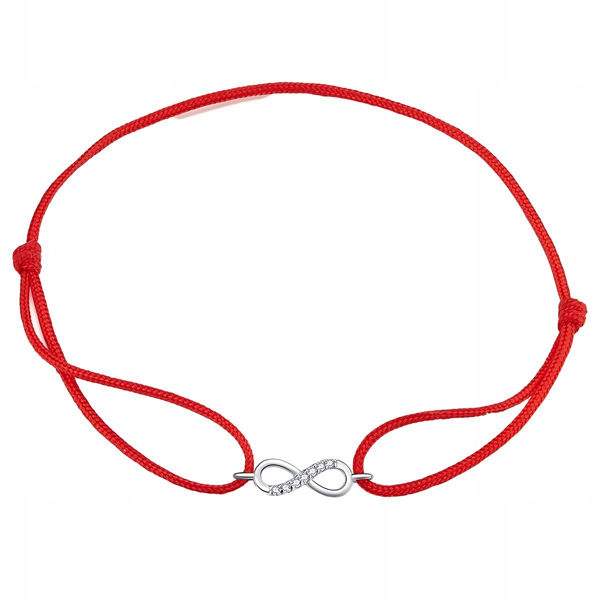 Bransoletka znak NIESKOŃCZONOŚĆ czerwony sznurek SREBRO cyrkonie kryształ