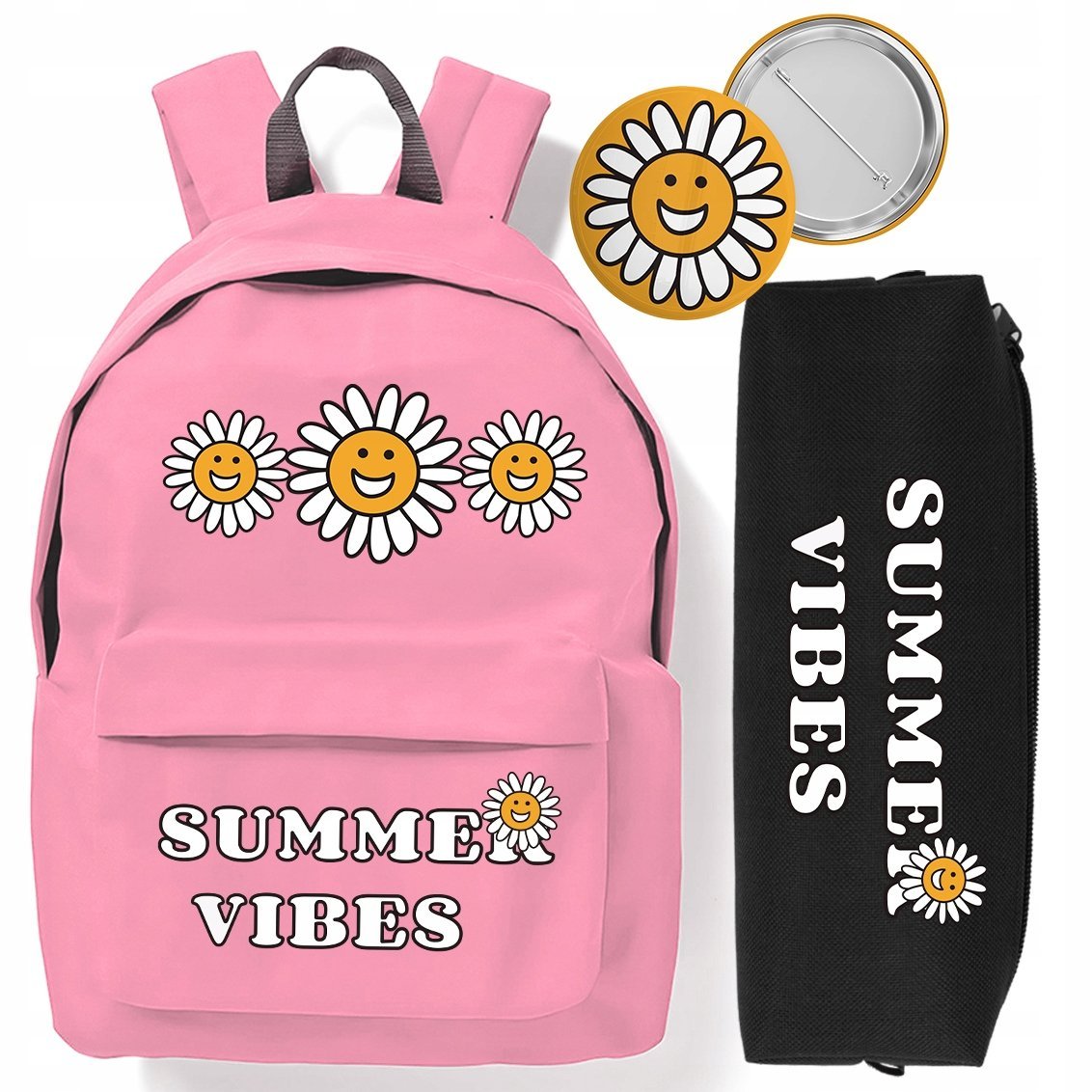 ZESTAW PLECAK RÓŻOWY PIÓRNIK PRZYPINKA SUMMER VIBES MŁODZIEŻOWE TRENDY