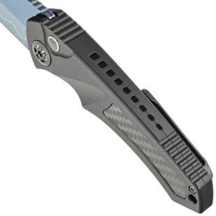 Nóż automatyczny Heretic Pariah-A Custom DLC Aluminium / Carbon Fiber Inlays, Blued Baker Forge AuroraMai Damascus by Tony Marfione Jr. - Noże - miniaturka - grafika 4