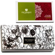 Portfele - Modny duży szaro - biało - czarny portfel damski PETERSON lakierowana skóra naturalna rozbudowany na gotówkę karty dokumenty schowek na suwak pudełk.. - miniaturka - grafika 1