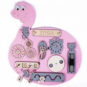 Zabawki sensoryczne - Duża tablica manipulacyjna"DINO" różowa 44x49 cm XXL !!! - miniaturka - grafika 1
