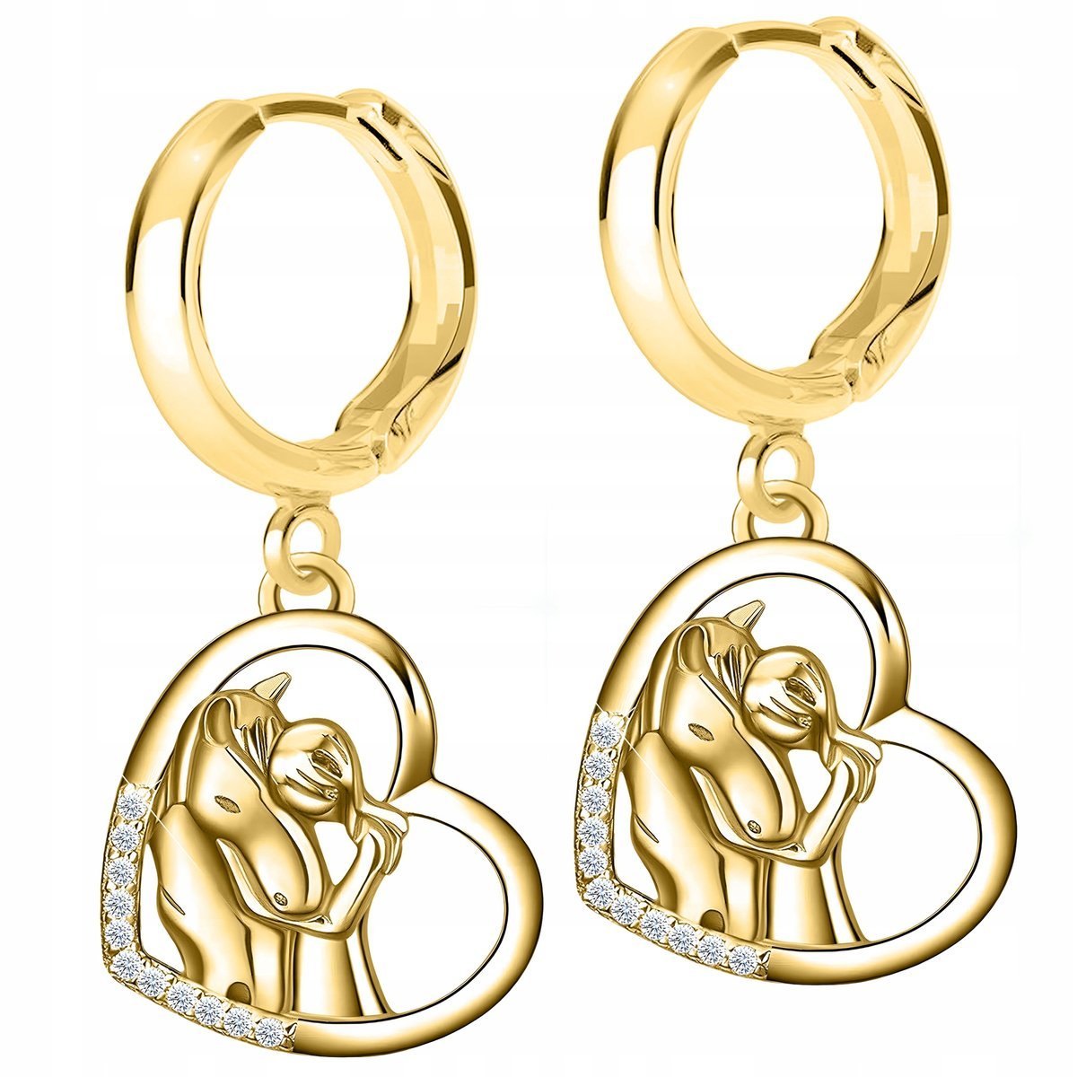 Złote Kolczyki Serca Konie Koń Dziewczynka z Koniem Koniki SREBRO 925