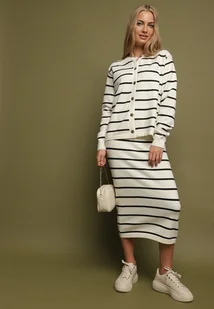 Jasnobeżowy Komplet z Wiskozą Bluzka z Guzikami i Spódnica w Paski Asirrise - Dresy damskie - miniaturka - grafika 1