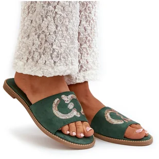 Damskie Płaskie Klapki Z Cekinami S.Barski KV27-052 Zielone - Klapki i japonki damskie - miniaturka - grafika 1