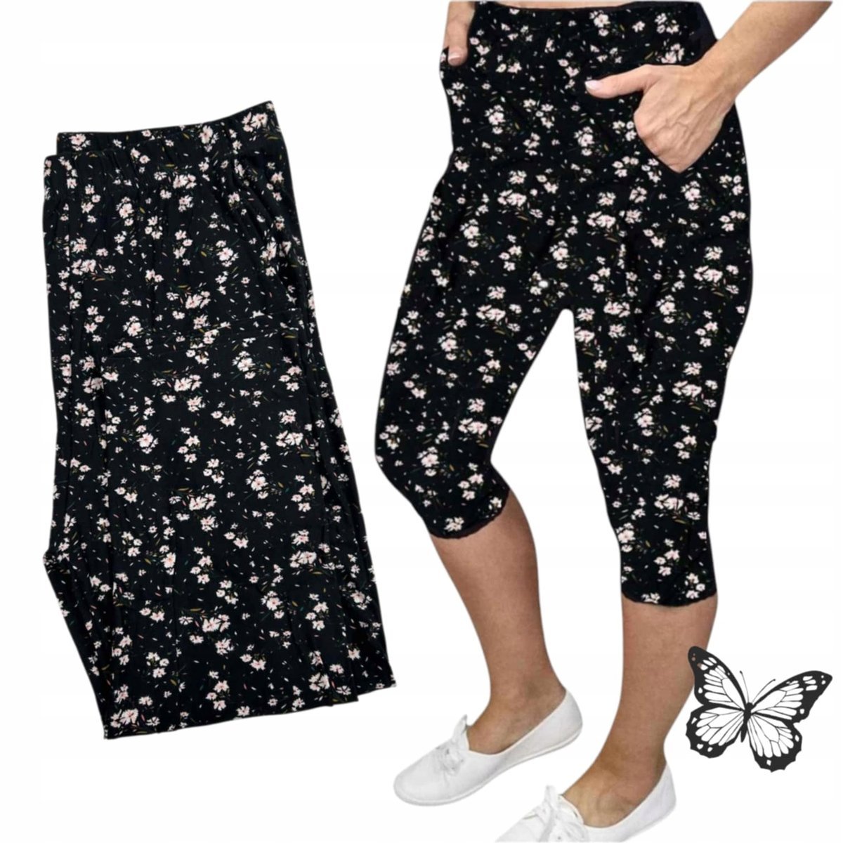 REWELACYJNE RYBACZKI KIESZENIE leginsy 3/4 kwiaty puder super 48 50 4XL 5XL