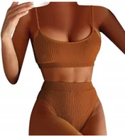 Stroje kąpielowe - Strój Kąpielowy Dwuczęściowy Bikini Bandeau Wysoki Stan Top Brązowy Brown S - miniaturka - grafika 1
