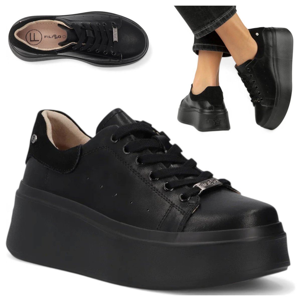 Damskie Sneakersy SKÓRZANE FILIPPO Wygodne Półbuty Czarne na Platformie 36