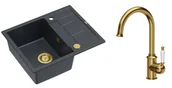 Zlewozmywaki z baterią - Quadron Unique Zlewozmywak granitowy jednokomorowy 62*50*22 cm z ociekaczem MORGAN 116 BLACK DIAMOND z syfonem Push-2-Open w kolorze złotym z baterią RACHEL kolor złoty- - miniaturka - grafika 1