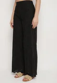 Spodnie damskie - Czarne Szerokie Spodnie z Bawełny z Wysokim Stanem Ozdobione Haftem Mileneia - miniaturka - grafika 1