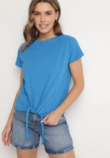 Jasnoniebieski T-shirt z Bawełny z Ozdobnym Wiązaniem Sunitra - Koszulki i topy damskie - miniaturka - grafika 1
