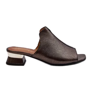 Eleganckie Klapki Damskie Ze Skóry Naturalnej Na Niskim Obcasie Maciejka 06360-20 Grafitowe czarne - Klapki i japonki damskie - miniaturka - grafika 1