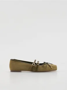 Reserved - Baleriny z paskami - oliwkowy - Półbuty damskie - miniaturka - grafika 1