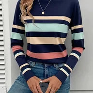 Bluzki damskie - TEMU Kobieca Casualowa Koszulka z Długim Rękawem w Paski Kolorowe - Okrągły Dekolt, Średnia Elastyczność, Regularny Krój, na Każdą Porę Roku, - miniaturka - grafika 1