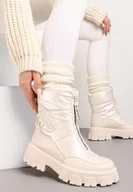 Śniegowce damskie - Beżowe Śniegowce z Ekoskóry z Ozdobnym Suwakiem i Napisem Veneria - miniaturka - grafika 1