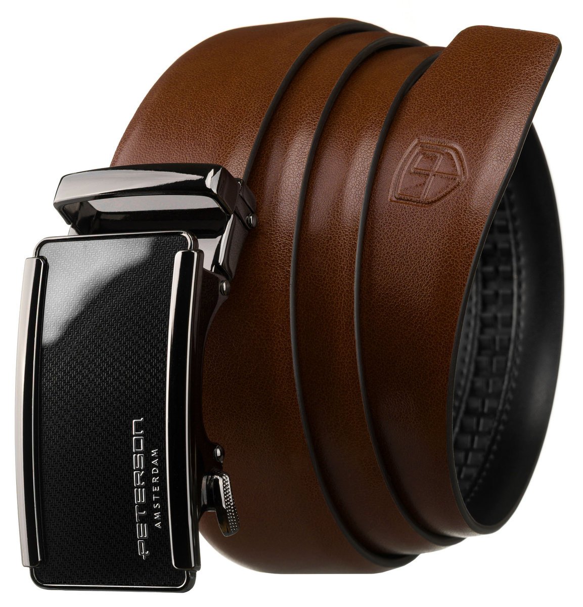 Skórzany pasek męski do garnituru brązowy elegancki z automatyczną czarną klamrą 115 casualowy PETERSON