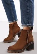 Botki damskie - Ciemnobeżowe Botki na Słupku Boho z Suwakiem Kodra - miniaturka - grafika 1