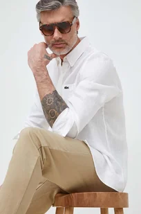 Lacoste koszula lniana kolor biały regular z kołnierzykiem button-down - Koszule męskie - miniaturka - grafika 1