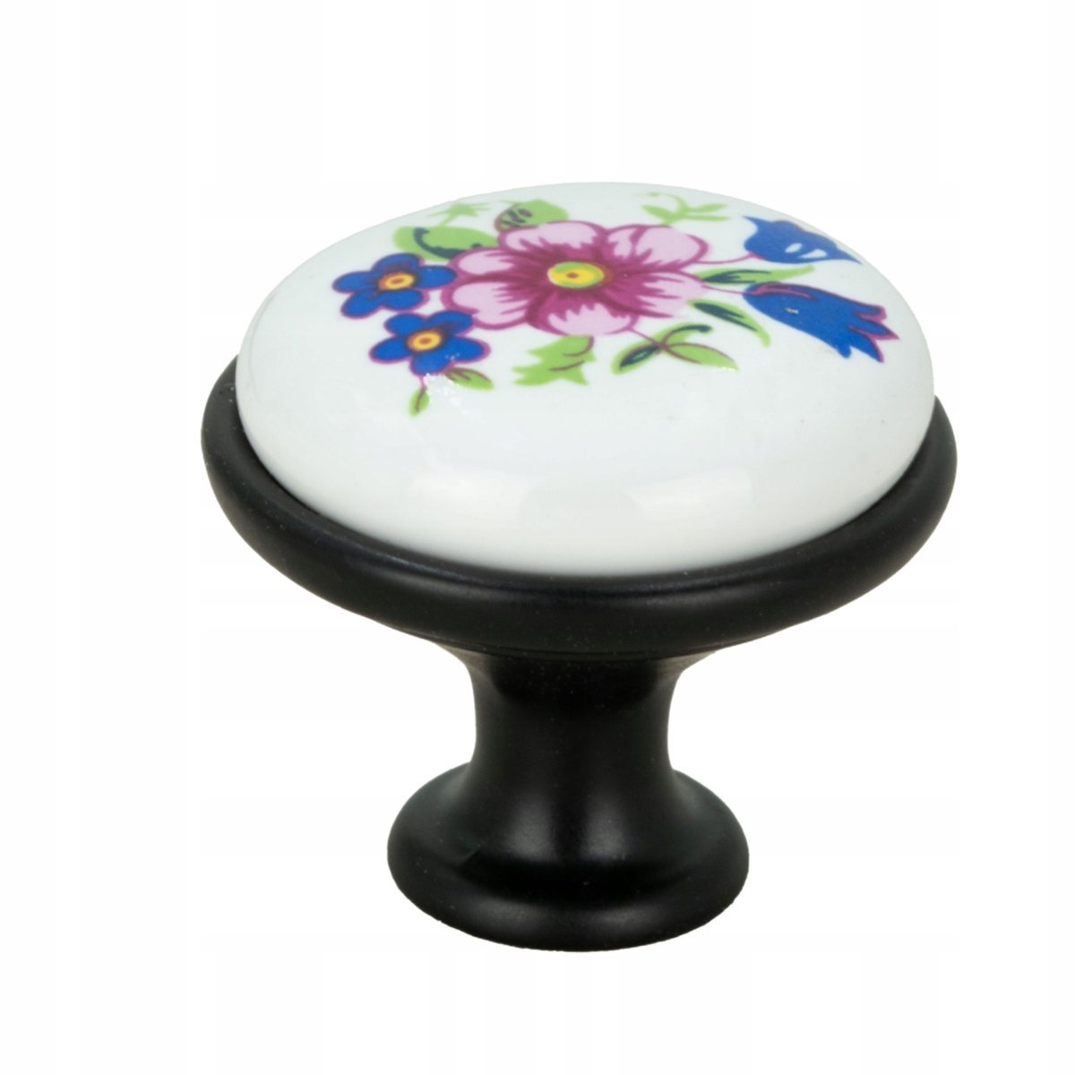 Gałka meblowa okrągła czarna z ceramiką i wzorem retro kwiaty gałki do szaf