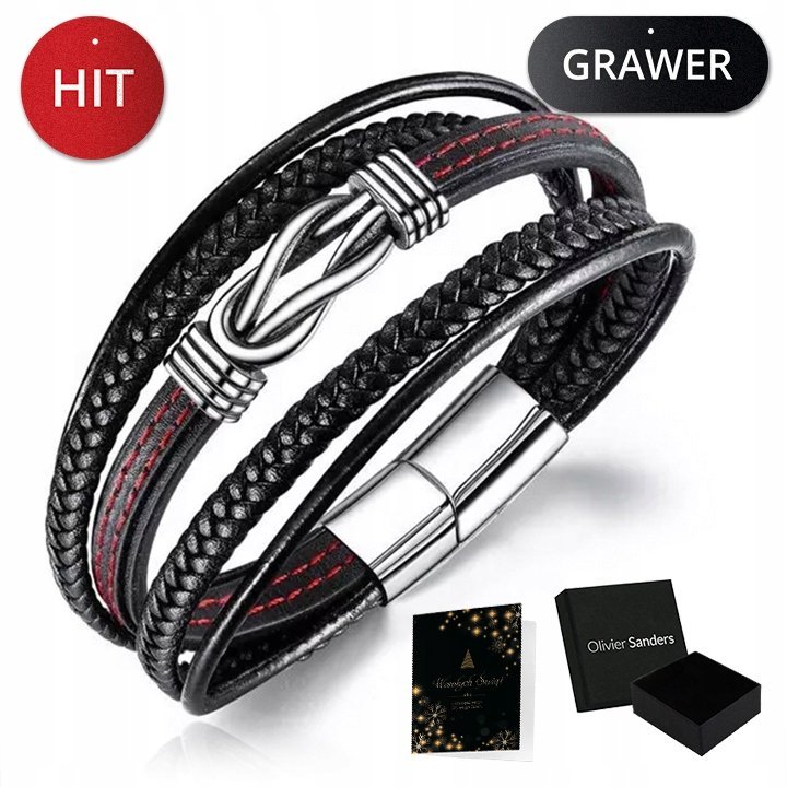 Skórzana Bransoletka Męska Czarna Tytanowa Grawer