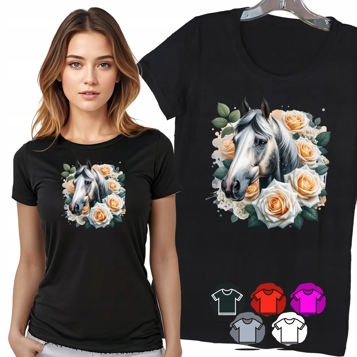 KOSZULKA DAMSKA T-SHIRT - BIAŁY KOŃ I RÓŻE ELEGANCKI PORTRET DAMSKI - L
