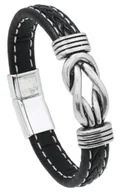 Bransolety męskie - Bransoletka męska skórzana czarna ze srebrnym węzłem elegancka - miniaturka - grafika 1