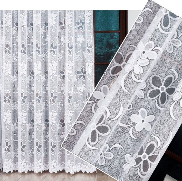 Firana żakardowa RENATA 500x250cm prosta w kwiaty (gotowa) z obszyciem