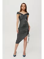 Sukienki - K187 Metaliczna sukienka ściągana na boku - srebrna (kolor srebrny, rozmiar S) - miniaturka - grafika 1