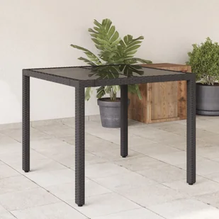vidaXL Stół ogrodowy, szklany blat, czarny, 90x90x75 cm, rattan PE - Stoły ogrodowe - miniaturka - grafika 1