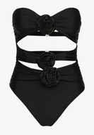 Stroje kąpielowe - Czarny Jednoczęściowy Strój Kąpielowy z Wycięciami i Aplikacjami w Formie Kwiatów Vegelia - miniaturka - grafika 1