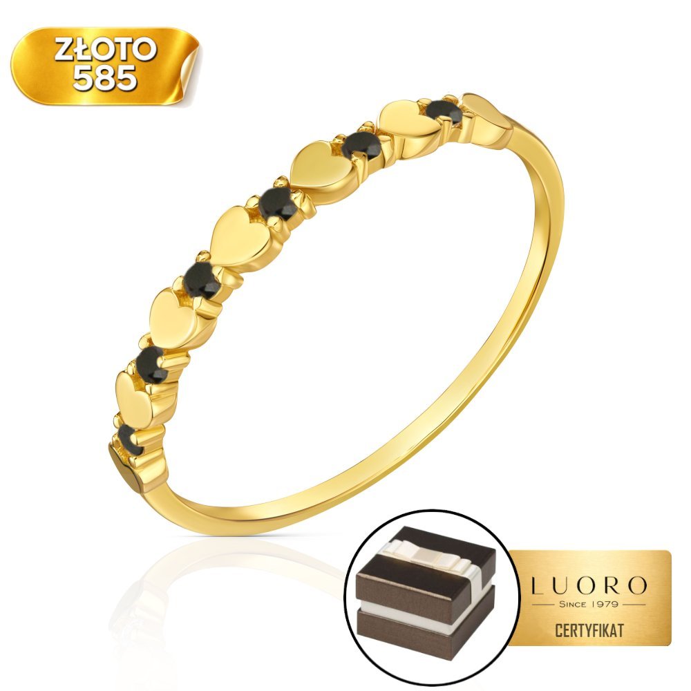 PIERŚCIONEK ZŁOTY 585 14K SERDUSZKA CZARNA CYRKONIA NAPRZEMIENNIE R16