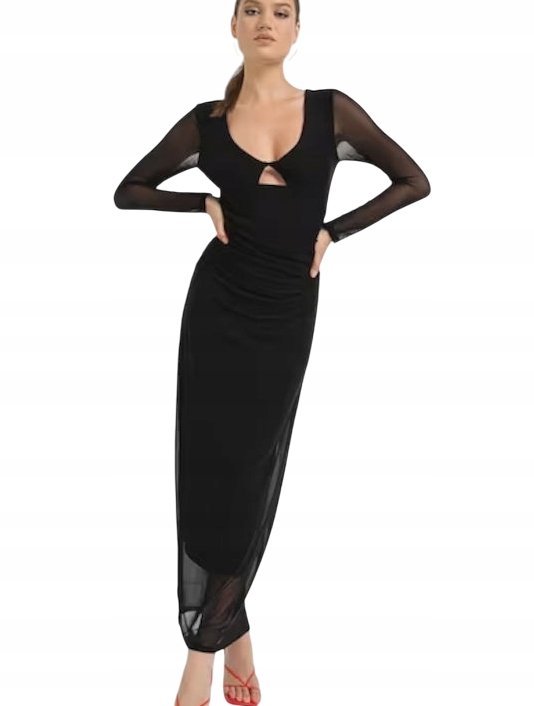 ONLY CZARNA SUKIENKA MIDI Z SIATECZKĄ I WIĄZANYM DEKOLTEM S J7A