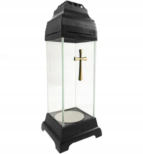 Znicz na grób mała kapliczka lampion szklany czarny z krzyżem złotym 25cm - Lampiony i znicze - miniaturka - grafika 1