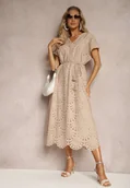 Sukienki - Beżowa Bawełniana Sukienka o Haftowanym Wykończeniu z Materiałowym Paskiem w Talii Dimla - miniaturka - grafika 1