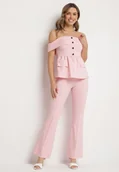 Komplety damskie - Różowy Komplet Garniturowy Bluzka Hiszpanka z Guzikami i Spodnie Dzwony Yaskio - miniaturka - grafika 1